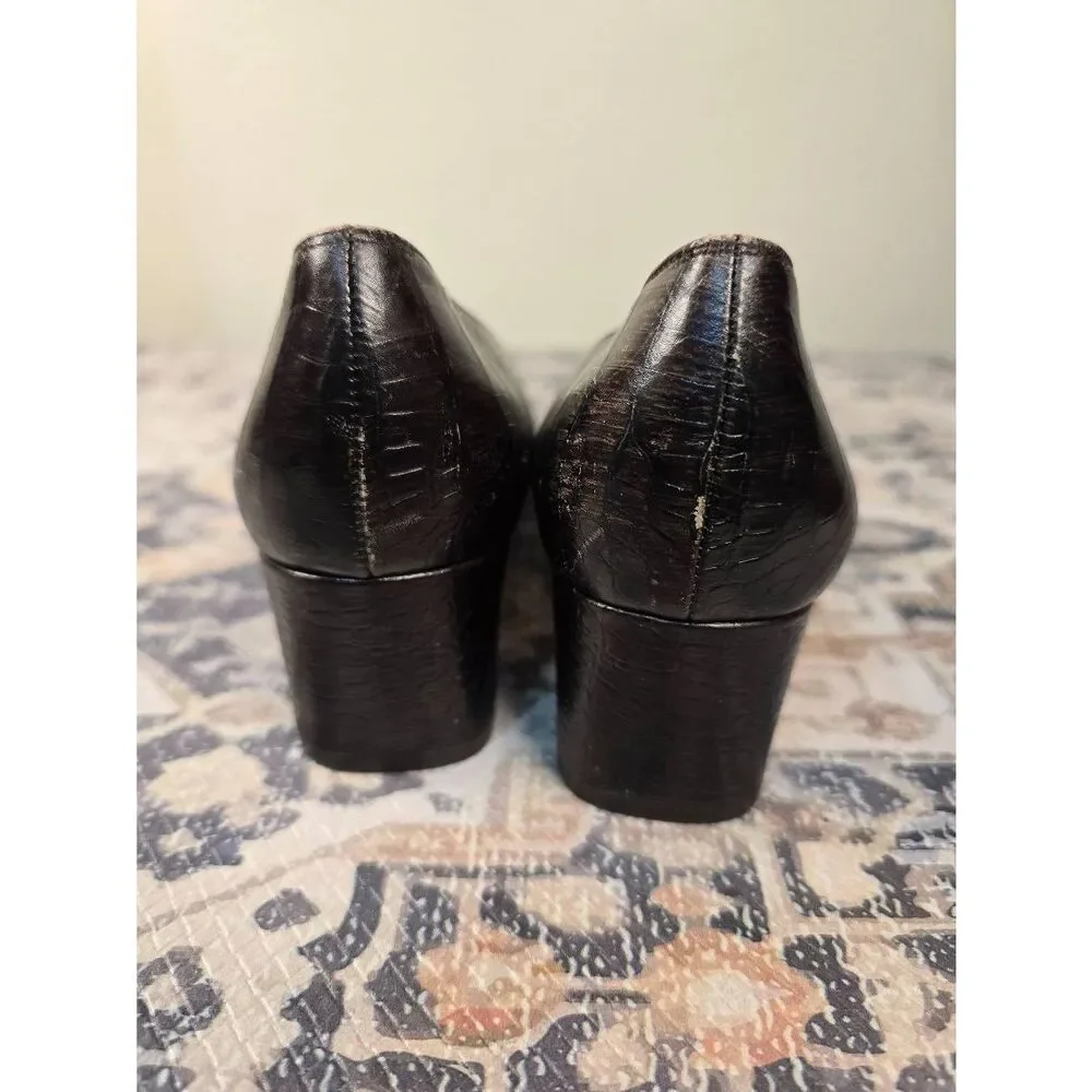 VTG 8.5B Ferragamo Croc Embossed Brown Leather Pumps 7891 Chunky Heel Career